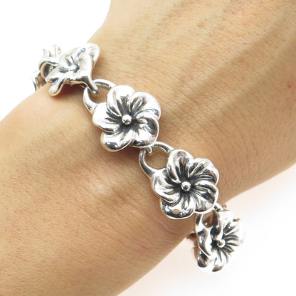 925 Sterling Silver Vintage Blooming Flower Link Bracelet 7"