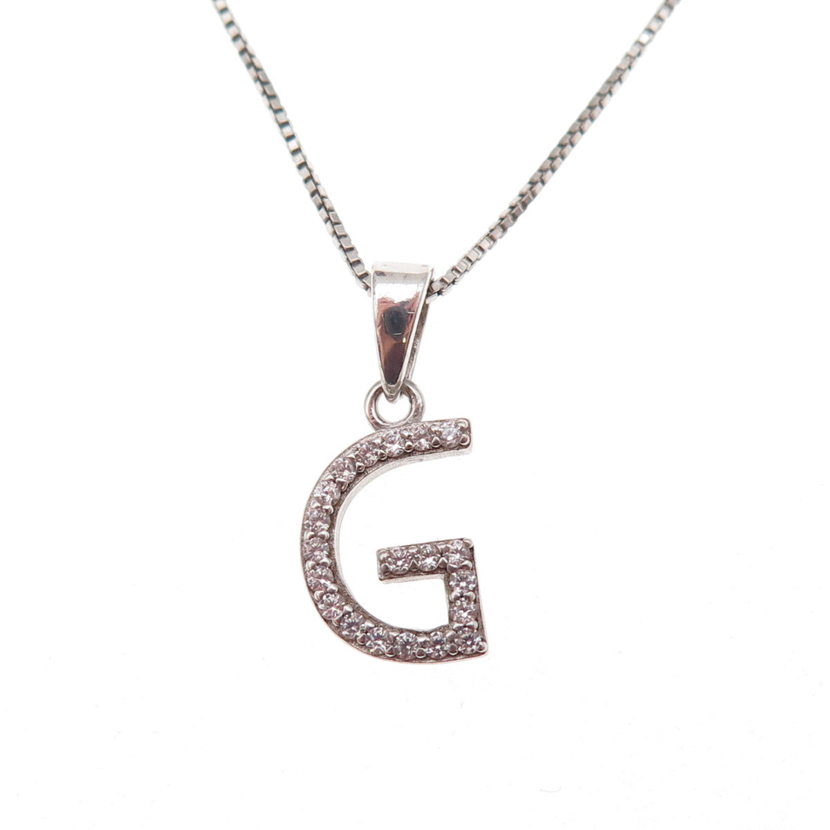 925 Sterling Silver Round-Cut C Z Letter G Initial Box Chain Necklace 18"