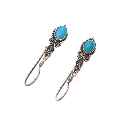 925 Sterling Silver Vintage Real Bisbee Turquoise Oxidized Dangle Earrings
