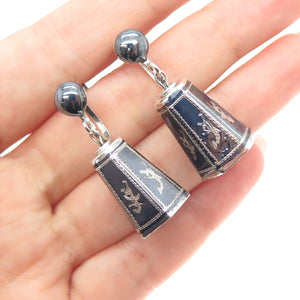 925 Sterling Silver Antique Siam Niello Hindu Goddess Screw Back Dangle Earrings