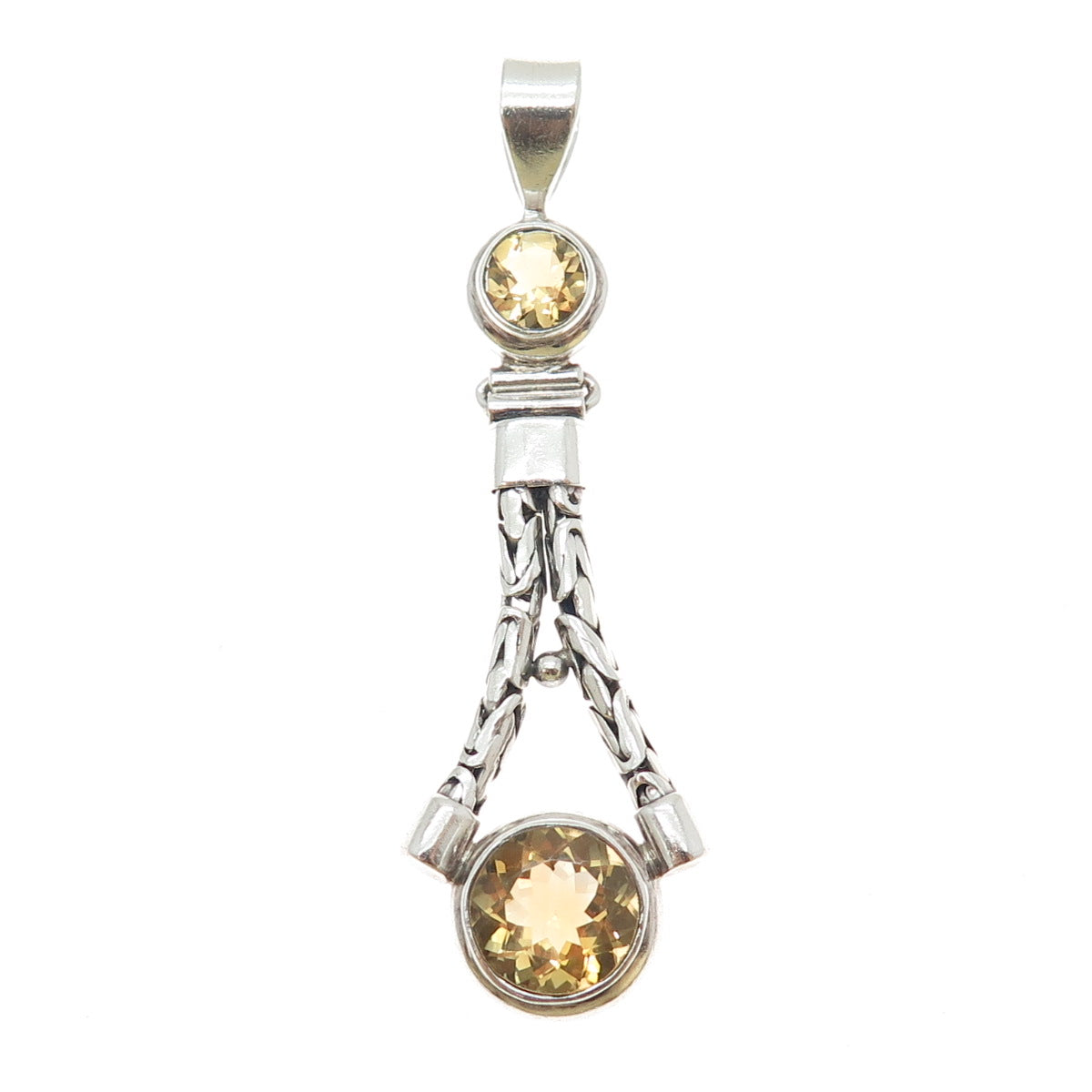 925 Sterling Silver Vintage Real Citrine Byzantine Link Modernist Pendant