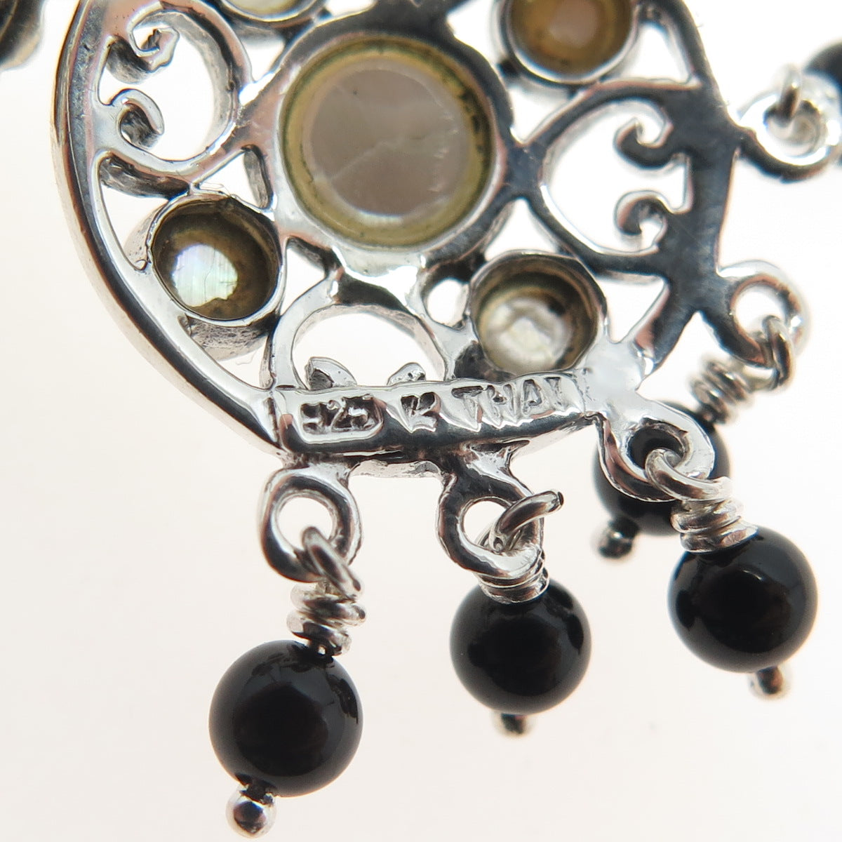 925 Sterling Silver Vintage Real Mother-of-Pearl & Black Onyx Dangling Earrings