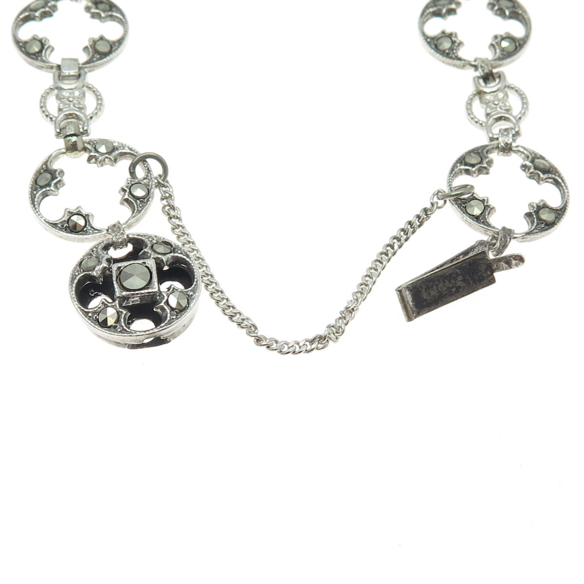 925 Sterling Silver Antique Art Deco Real Marcasite Round Link Bracelet 7.5"