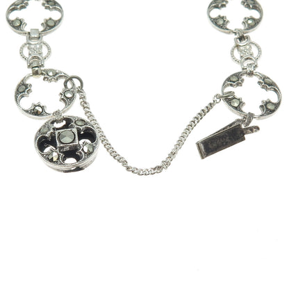 925 Sterling Silver Antique Art Deco Real Marcasite Round Link Bracelet 7.5"