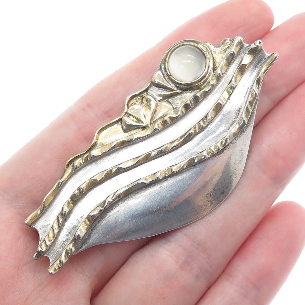 925 Sterling Silver 2-Tone Vintage RW Real Moonstone Modernist Pin Brooch
