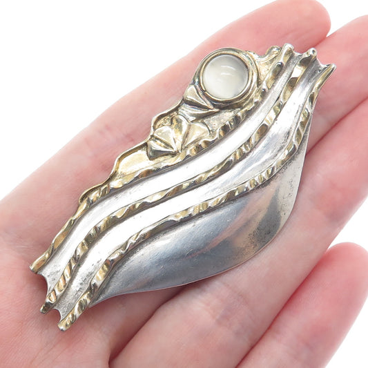 925 Sterling Silver 2-Tone Vintage RW Real Moonstone Modernist Pin Brooch