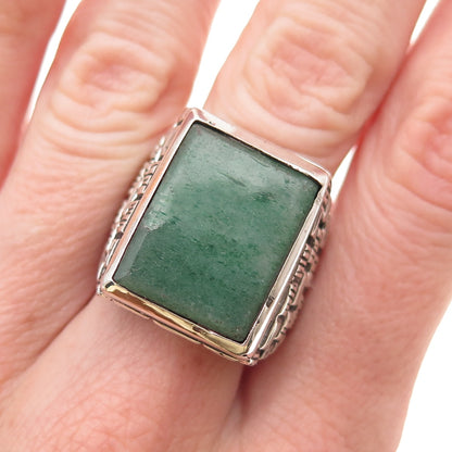 925 Sterling Silver Vintage Mexico Real Aventurine Oxidized Ring Size 8.25