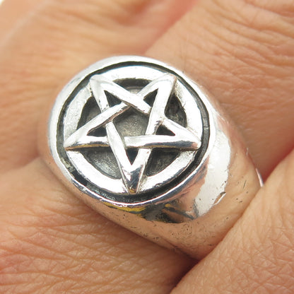 925 Sterling Silver Vintage Pentagram Star Domed Ring Size 11.5