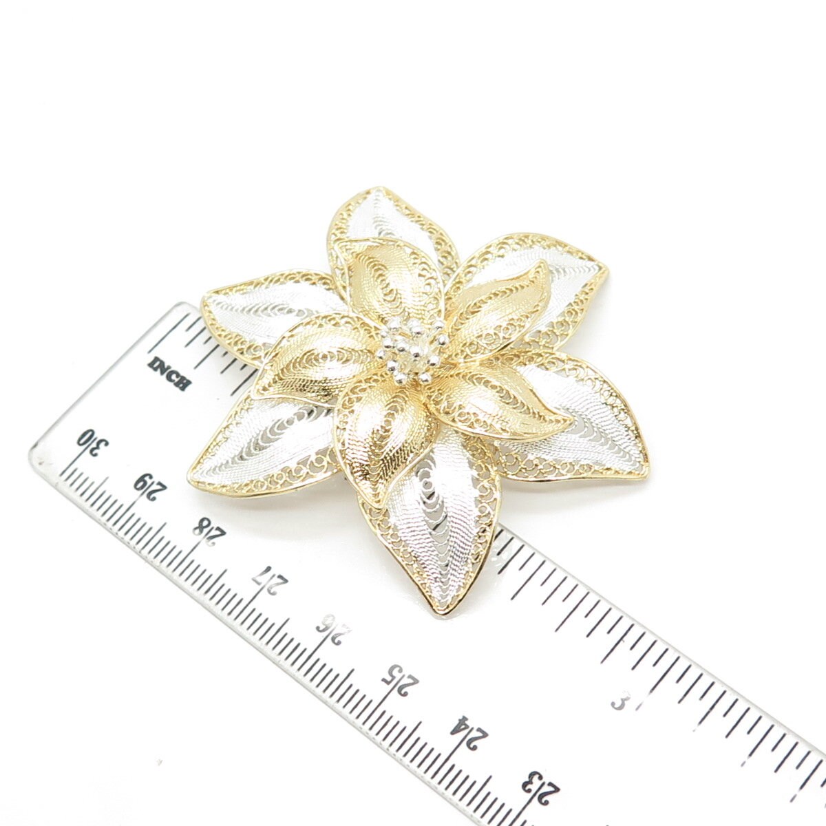 925 Sterling Silver 2-Tone Vintage Filigree Floral Pin Brooch