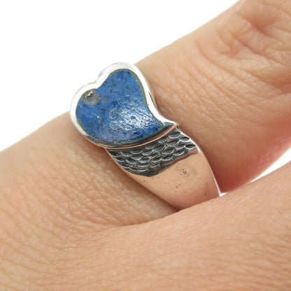 925 Sterling Silver Vintage Real Lapis Lazuli Heart Ring Size 5.25