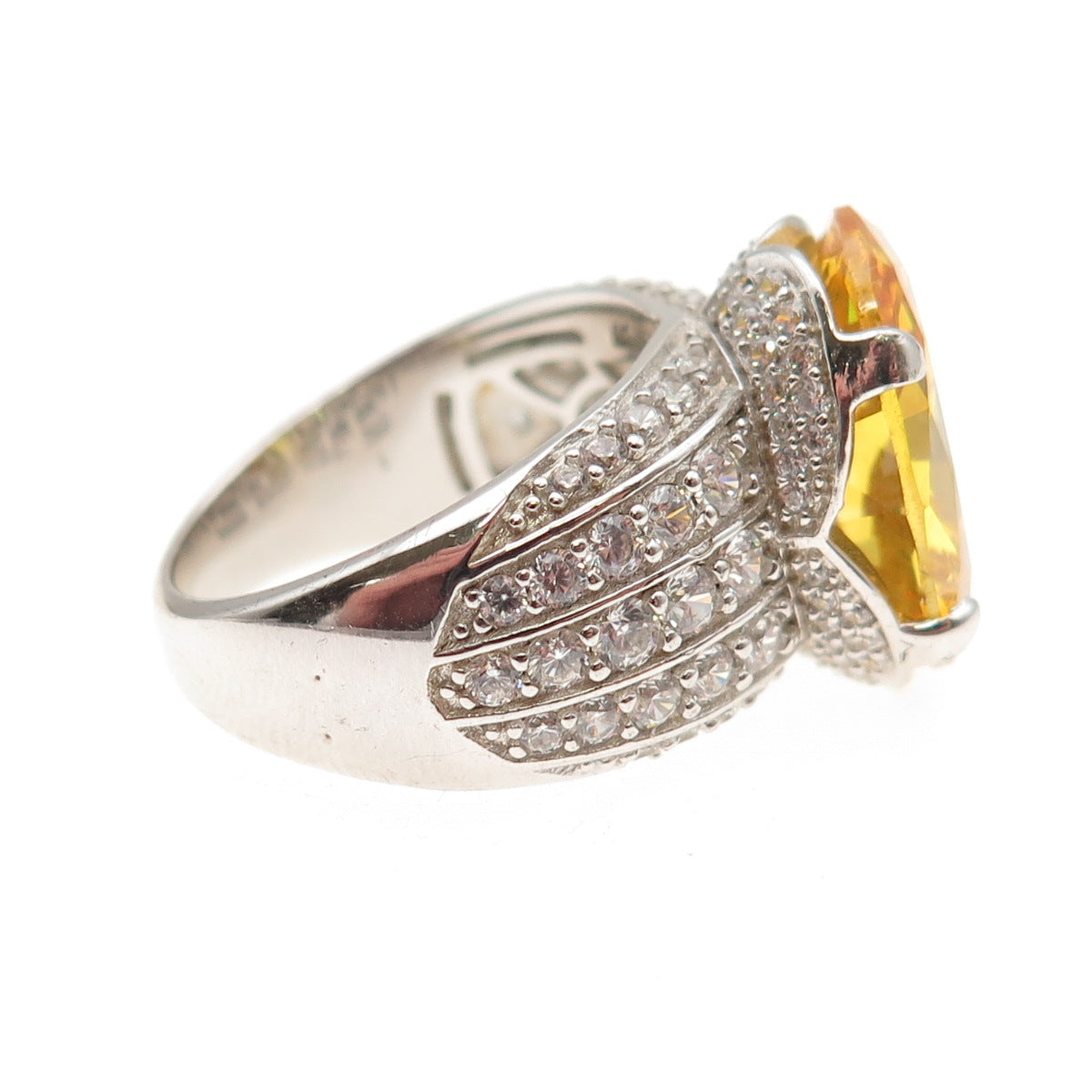 925 Sterling Silver Oval-Cut Canary & Round-Cut White C Z Ring Size 7.25