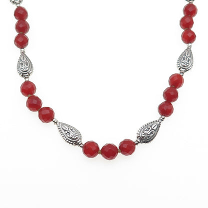925 Sterling Silver Vintage Real Carnelian Floral Beaded Chain Necklace 18-20"