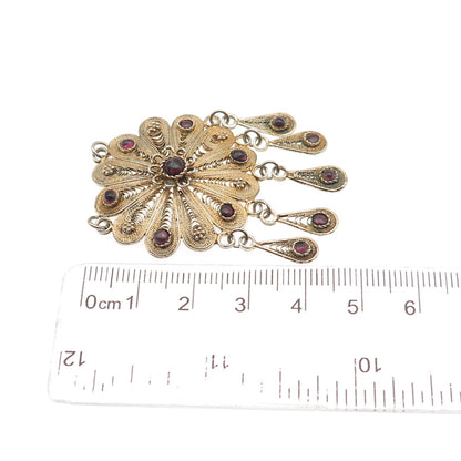 925 Sterling Gold Plated Vintage Real Garnet Filigree Floral Centerpiece Pendant