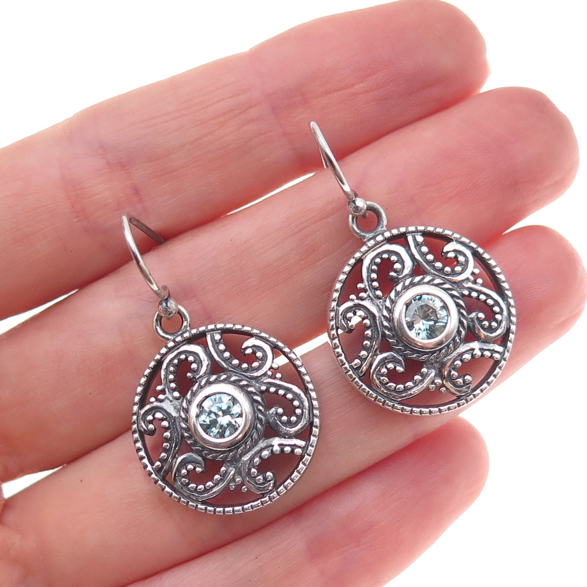 925 Sterling Silver Vintage Real Blue Topaz Floral Scroll Dangle Earrings