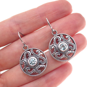 925 Sterling Silver Vintage Real Blue Topaz Floral Scroll Dangle Earrings