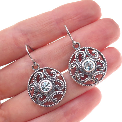 925 Sterling Silver Vintage Real Blue Topaz Floral Scroll Dangle Earrings