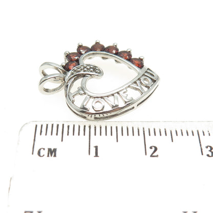 J&T 925 Sterling Vintage Red Garnet & Topaz Gem "I Love You" Heart Pendant