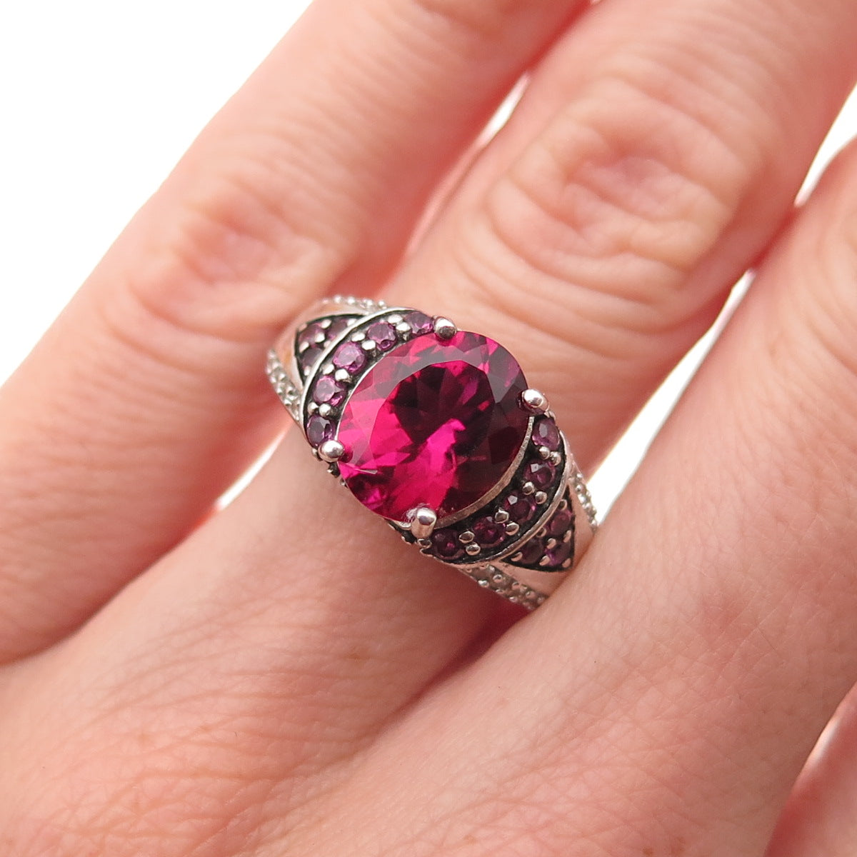 925 Sterling Silver Lab-Created Ruby Real White Topaz & Amethyst Ring Size 6