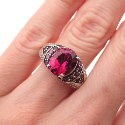 925 Sterling Silver Lab-Created Ruby Real White Topaz & Amethyst Ring Size 6