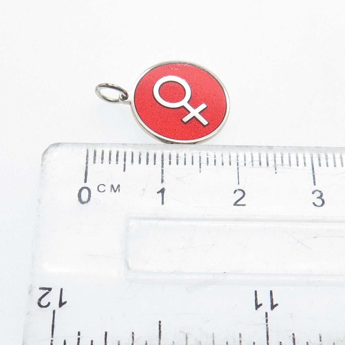 925 Sterling Silver Red Enamel Female Sign Round Tag Minimalist Charm Pendant