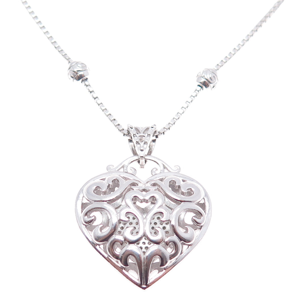 DASAN 925 Sterling Real Diamond Heart Bead By The Yard Box Chain Necklace 18-20"