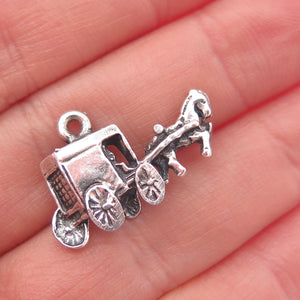 925 Sterling Silver Vintage Horse & Carriage Oxidized Charm Pendant