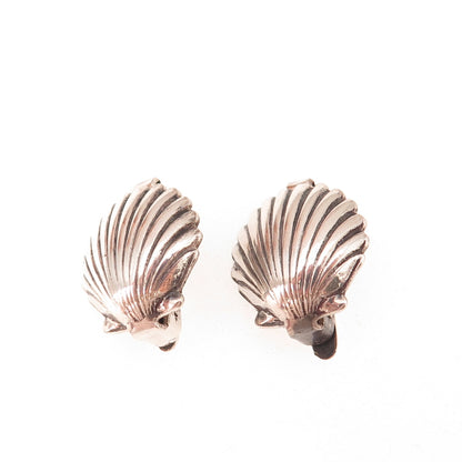 925 Sterling Silver Antique Art Deco Seashell Oxidized Clip On Earrings