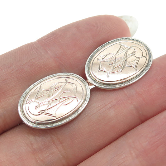 10K Rose Gold & 925 Sterling Silver Antique Art Deco Engraved "SW" Cufflinks