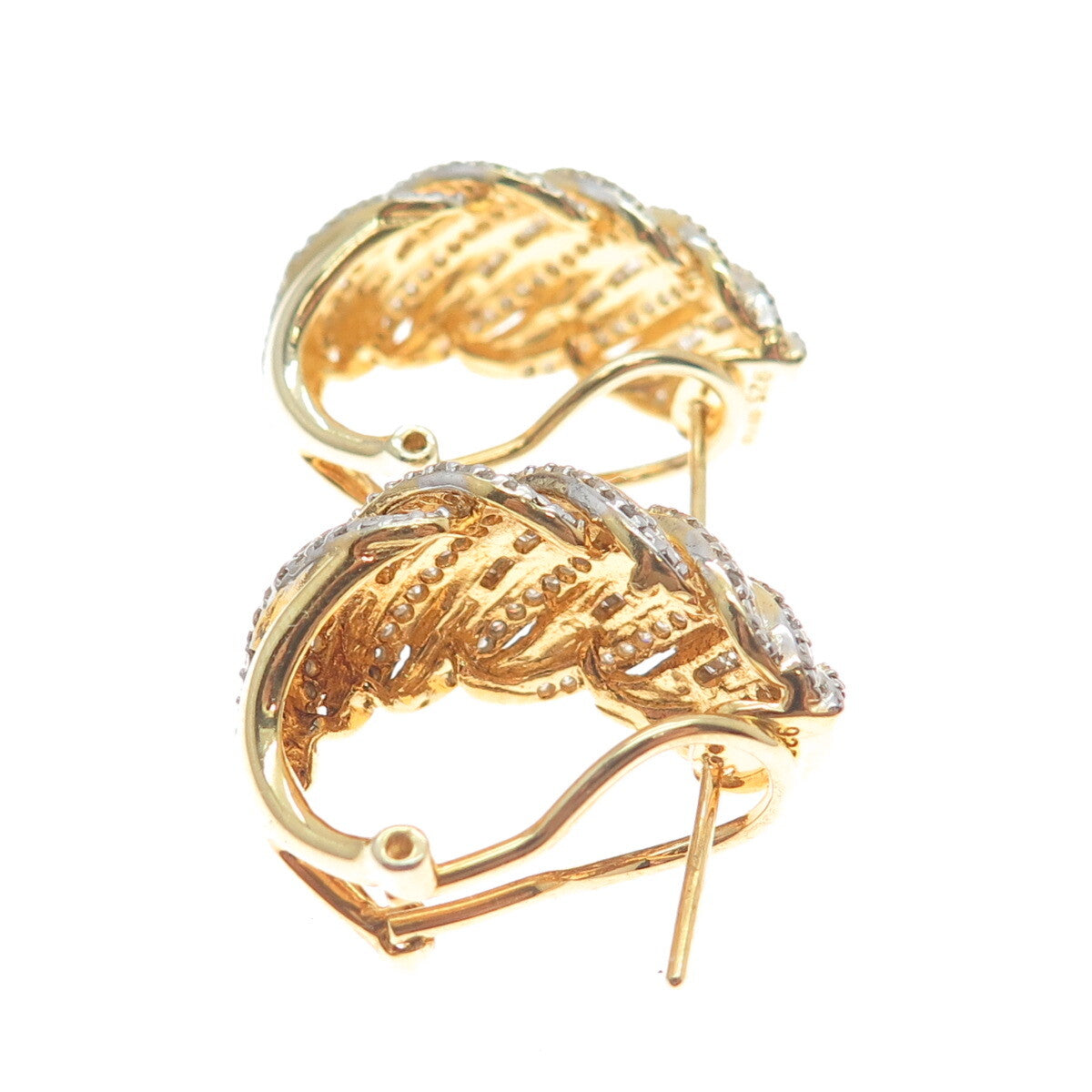 SUN 925 Sterling Silver Gold Plated Real White Diamond Wavy Omega Back Earrings