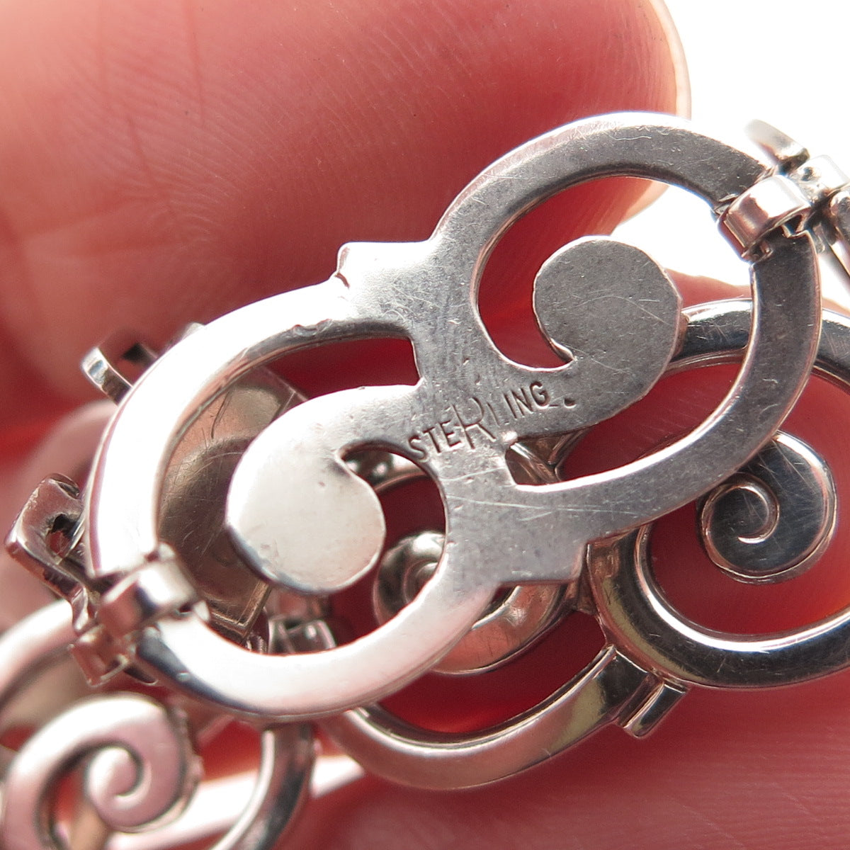 925 Sterling Silver Vintage Modernist Swirl Link Bracelet 6.5"