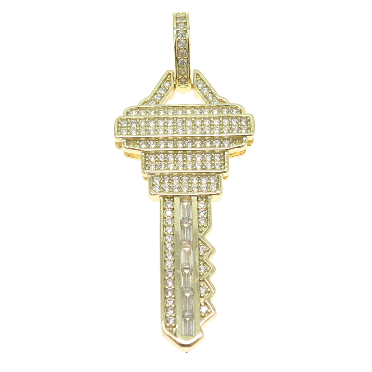 925 Sterling Silver Gold Plated Round & Baguette-Cut C Z Key Pendant