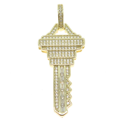 925 Sterling Silver Gold Plated Round & Baguette-Cut C Z Key Pendant