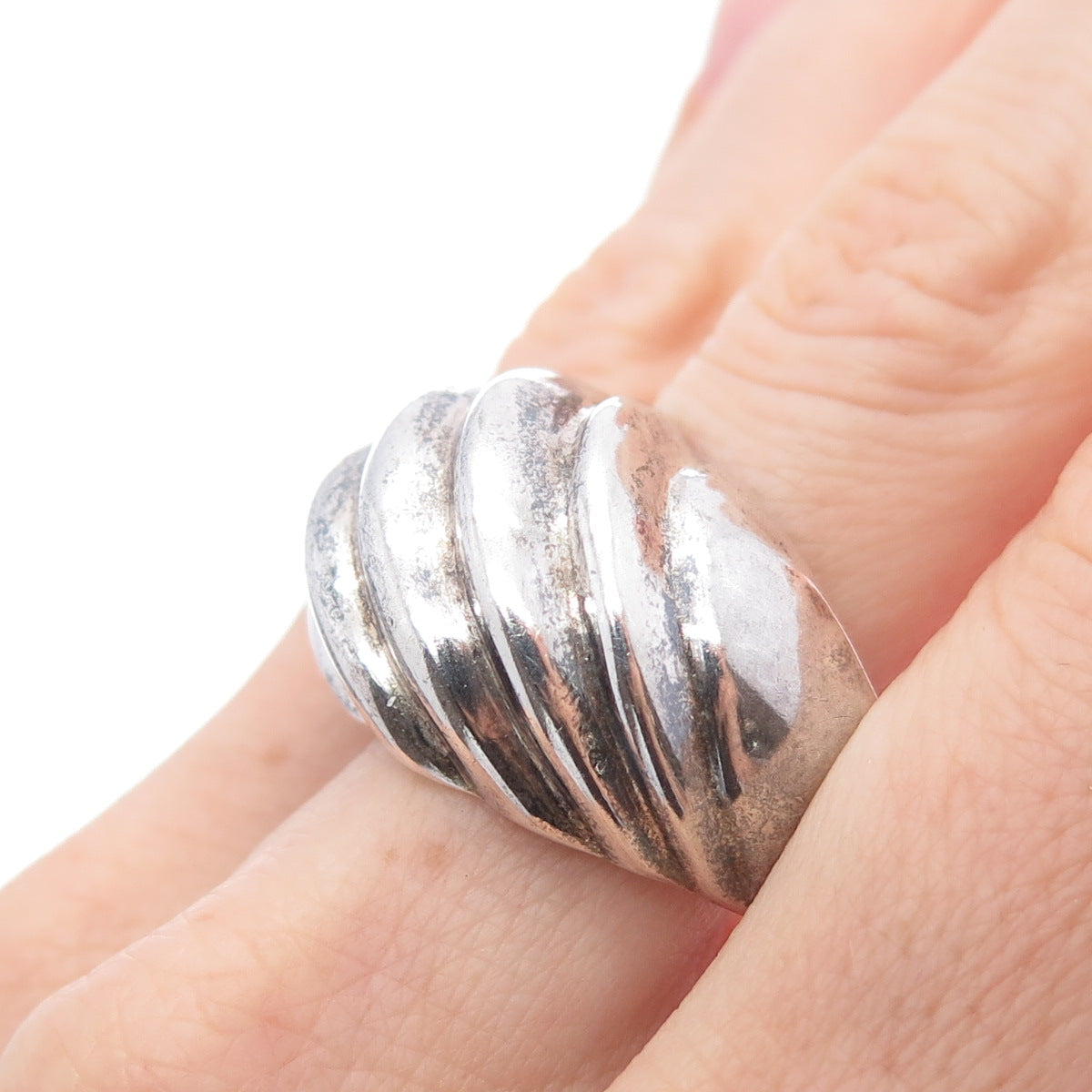 925 Sterling Silver Vintage Mexico Modernist Ribbed Dome Oxidized Ring Size 11.5