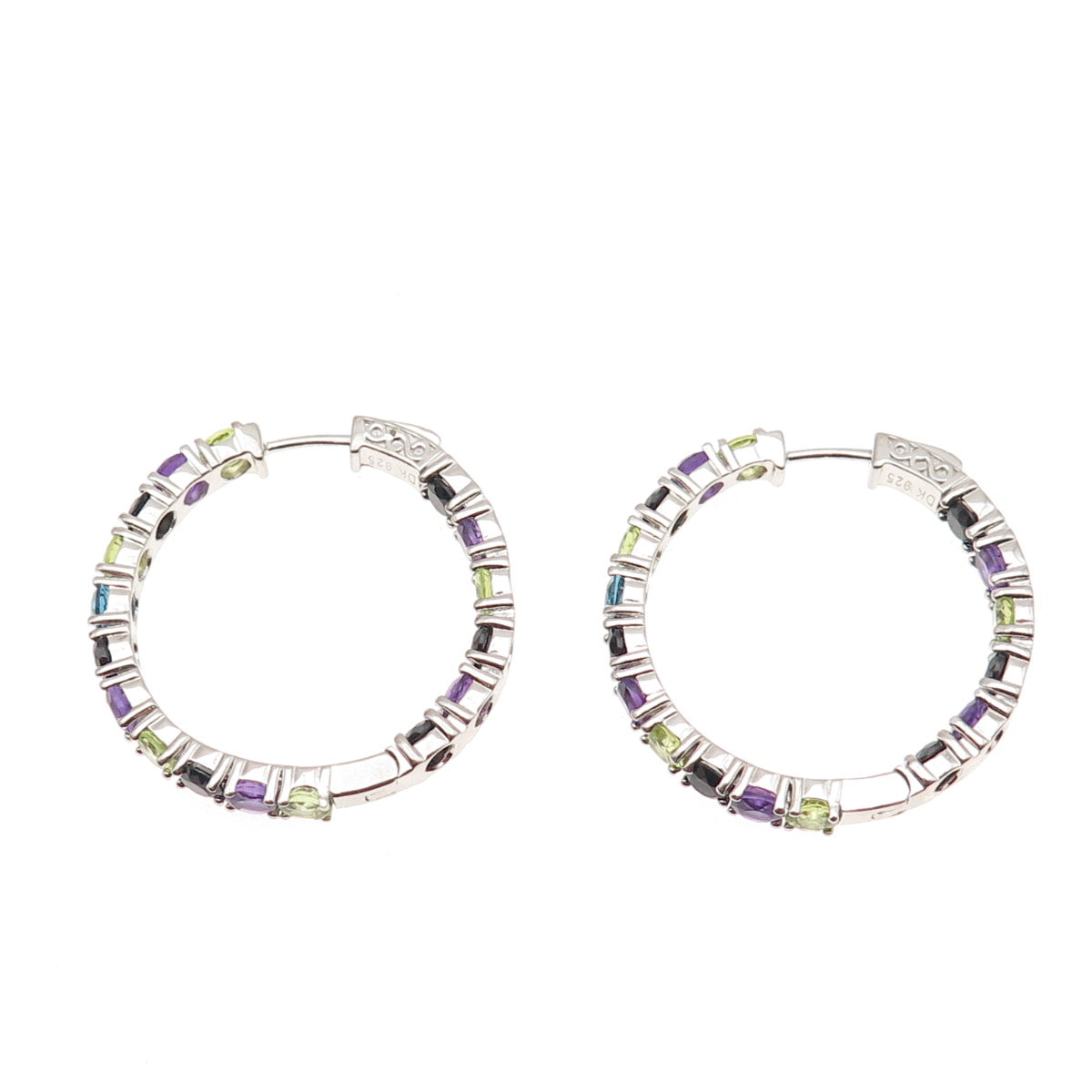 925 Sterling Silver Real Topaz Amethyst Peridot Spinel In & Out Hoop Earrings