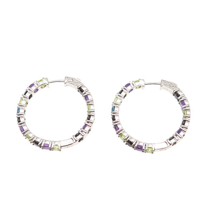 925 Sterling Silver Real Topaz Amethyst Peridot Spinel In & Out Hoop Earrings