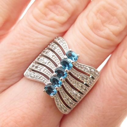 925 Sterling Silver Vintage Real Swiss Blue & White Topaz Ring Size 7.5