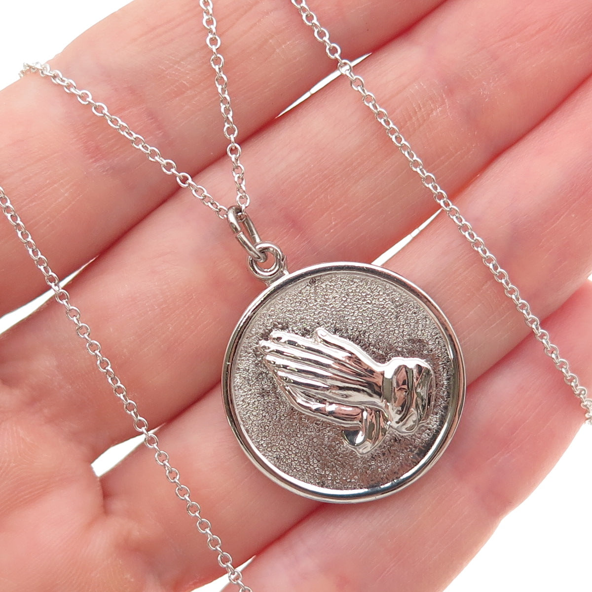 925 Sterling Silver Vintage Italy Prayer Hands Medal Cable Chain Necklace 18"