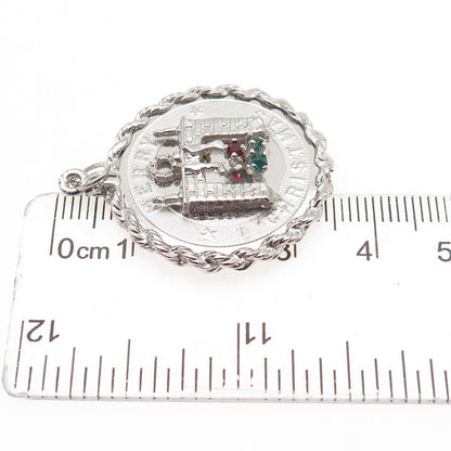 925 Sterling Silver Vintage Rhinestone Merry Christmas Fireplace Charm Pendant