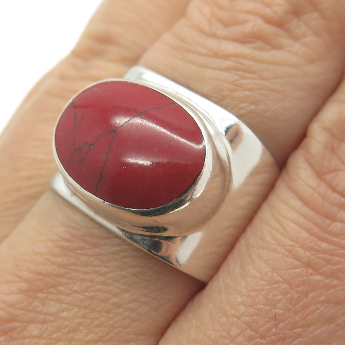 925 Sterling Silver Vintage HOB Mexico Real Red Turquoise Modernist Ring Size 7