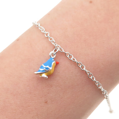 925 Sterling Vintage Enamel Bluebird of Hope Cable Link Bracelet 5.75-6.75"