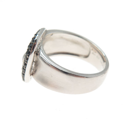 925 Sterling Silver Real Round-Cut Black Spinel Belt Buckle Ring Size 7.75