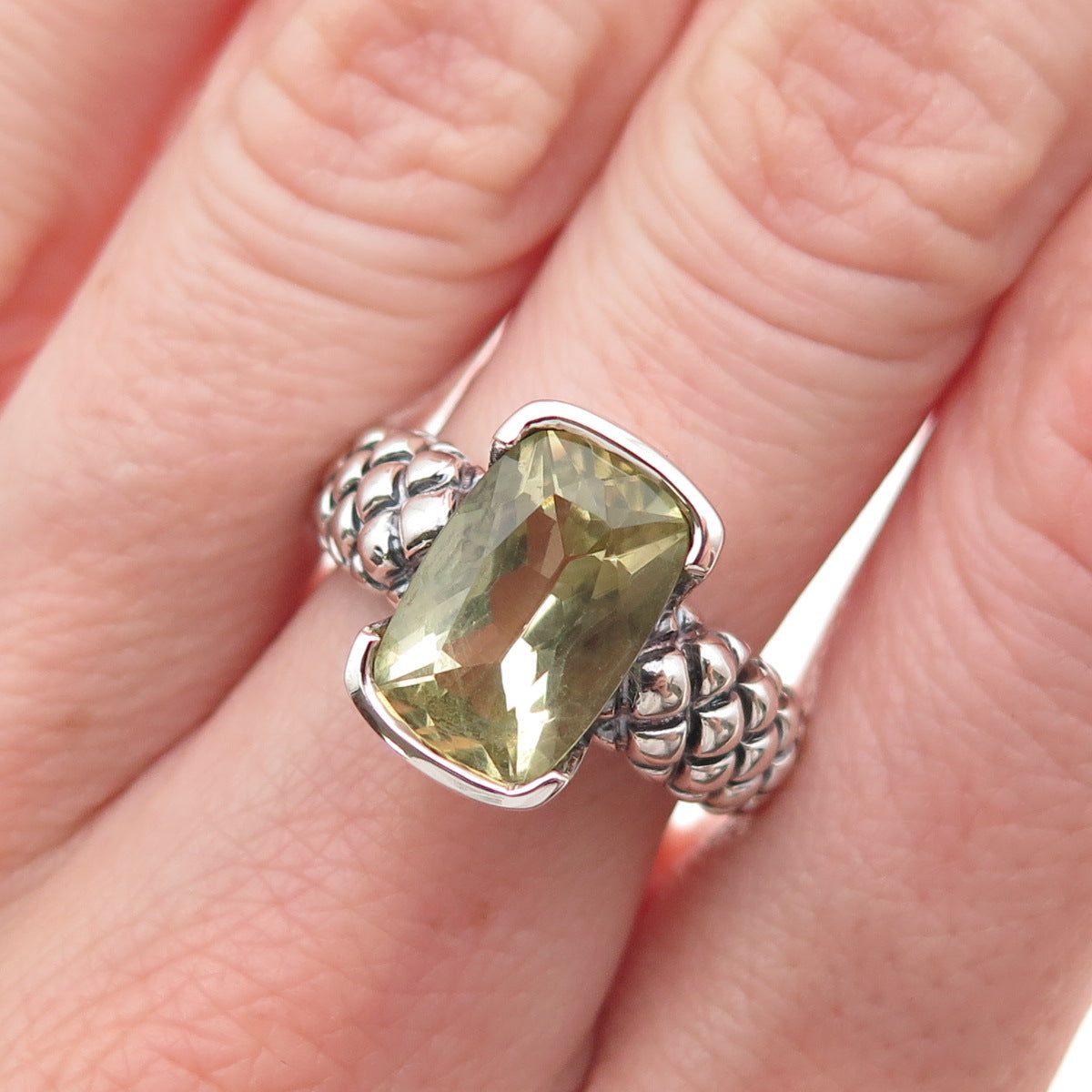 925 Sterling Silver Vintage Real Lemon Citrine Modernist Oxidized Ring Size 8