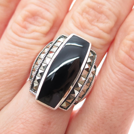 CFJ Collins Fine 925 Sterling Vintage Real Black Onyx & Marcasite Ring Size 6.25