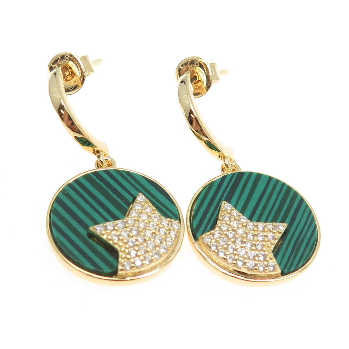 925 Sterling Silver Gold Plated Faux Malachite & C Z Star Dangling Earrings