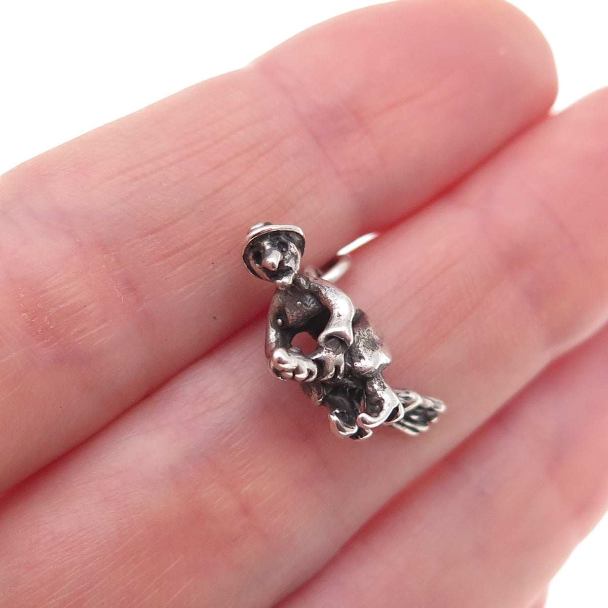 925 Sterling Silver Vintage Witch On Broomstick Oxidized 3D Charm Pendant