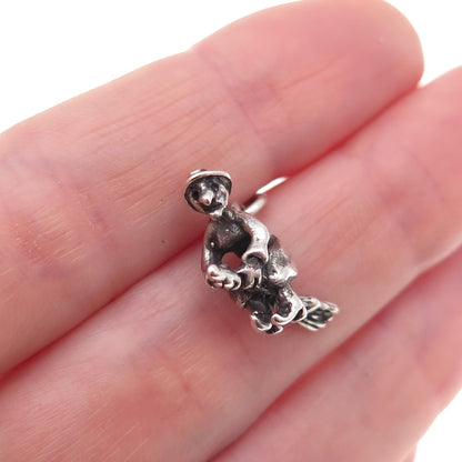 925 Sterling Silver Vintage Witch On Broomstick Oxidized 3D Charm Pendant