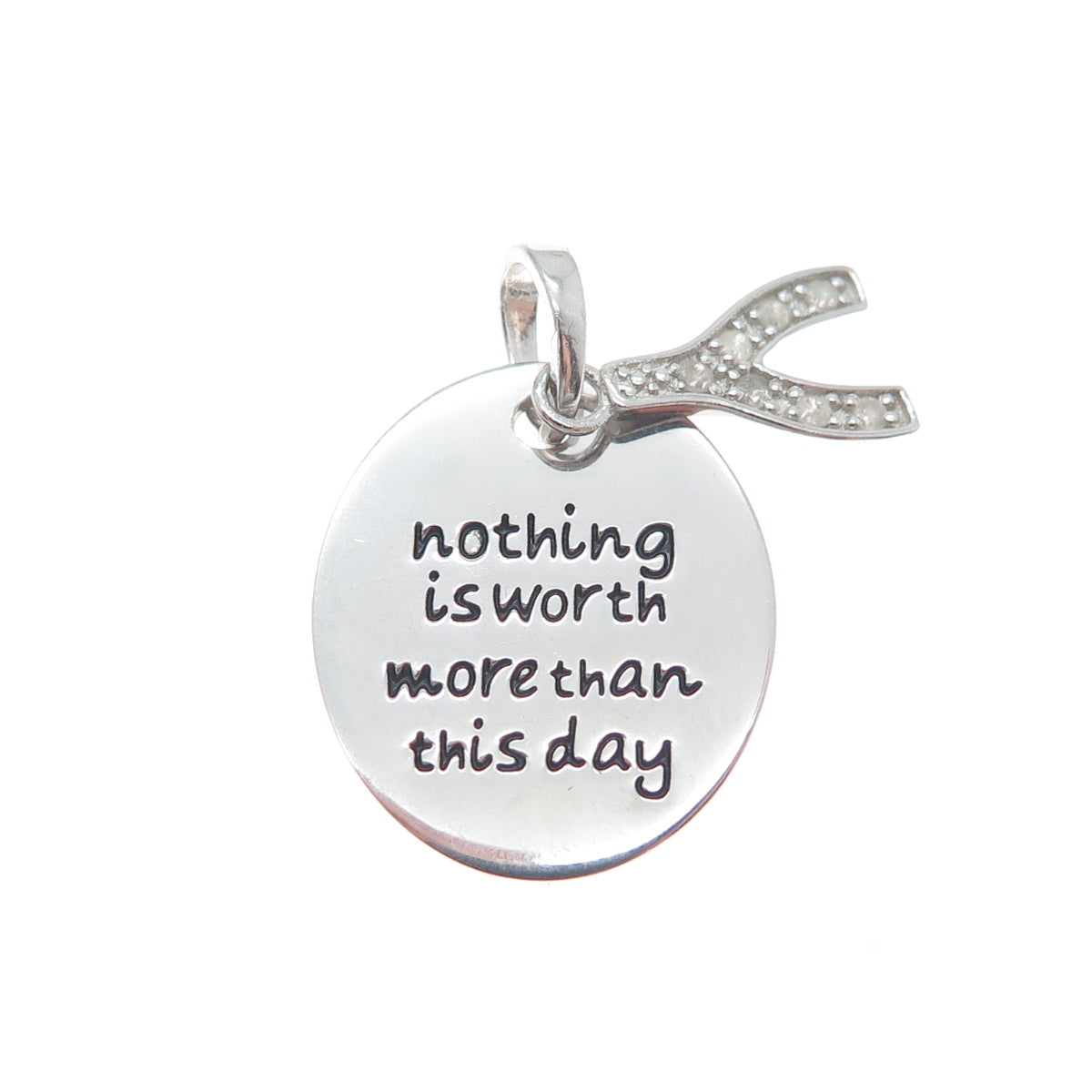 925 Sterling Silver Diamond Nothing Is Worth More Than This Day Wishbone Pendant