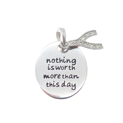 925 Sterling Silver Diamond Nothing Is Worth More Than This Day Wishbone Pendant