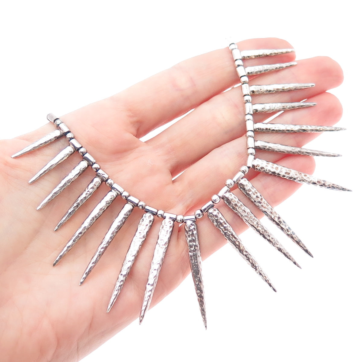 925 Sterling Silver Vintage Modernist Thorn Beaded Chain Necklace 16-18"