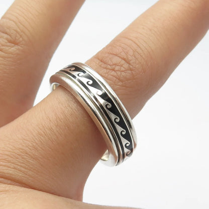 925 Sterling Silver Vintage Mexico Enamel Water Pattern Band Ring Size 13.25